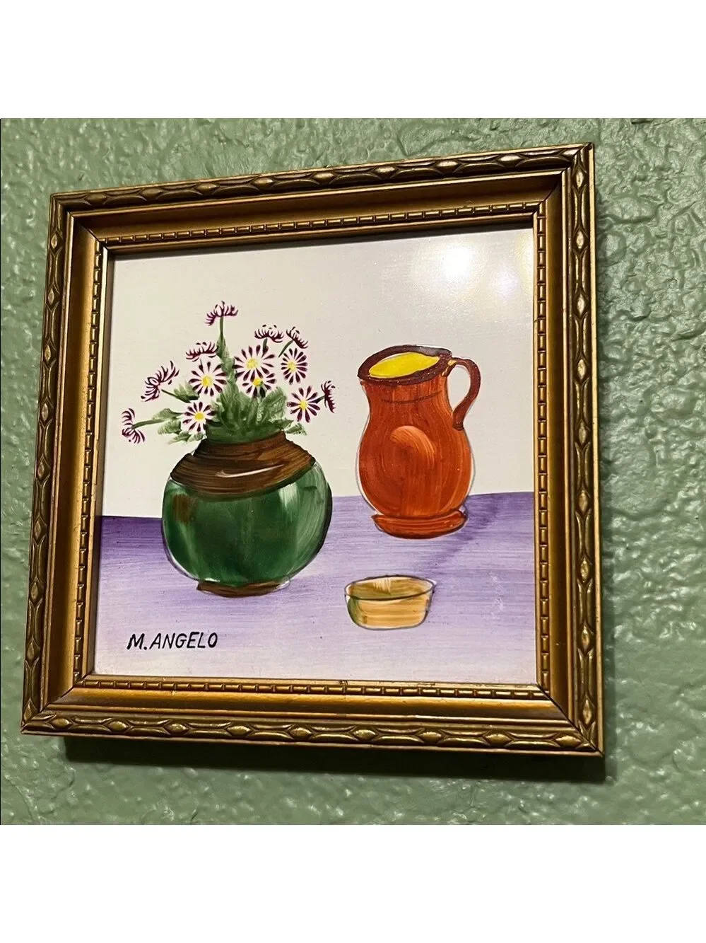 Vintage M Angelo Hand Painted Framed Tile Set Of 2 Japan